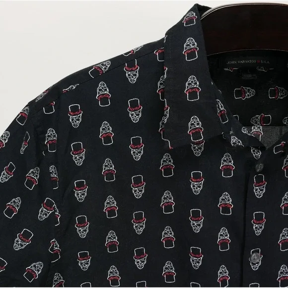 John Varvatos Button Down L Slash Skull Top Hat Print Mens S/S Shirt Rock & Roll - Picture 5 of 10